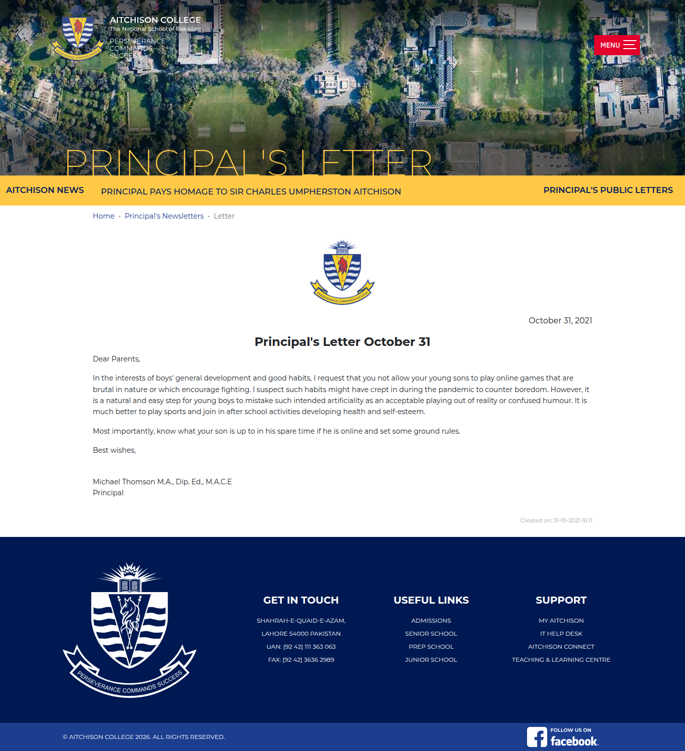 Snapshot of Principal's Letter October 31