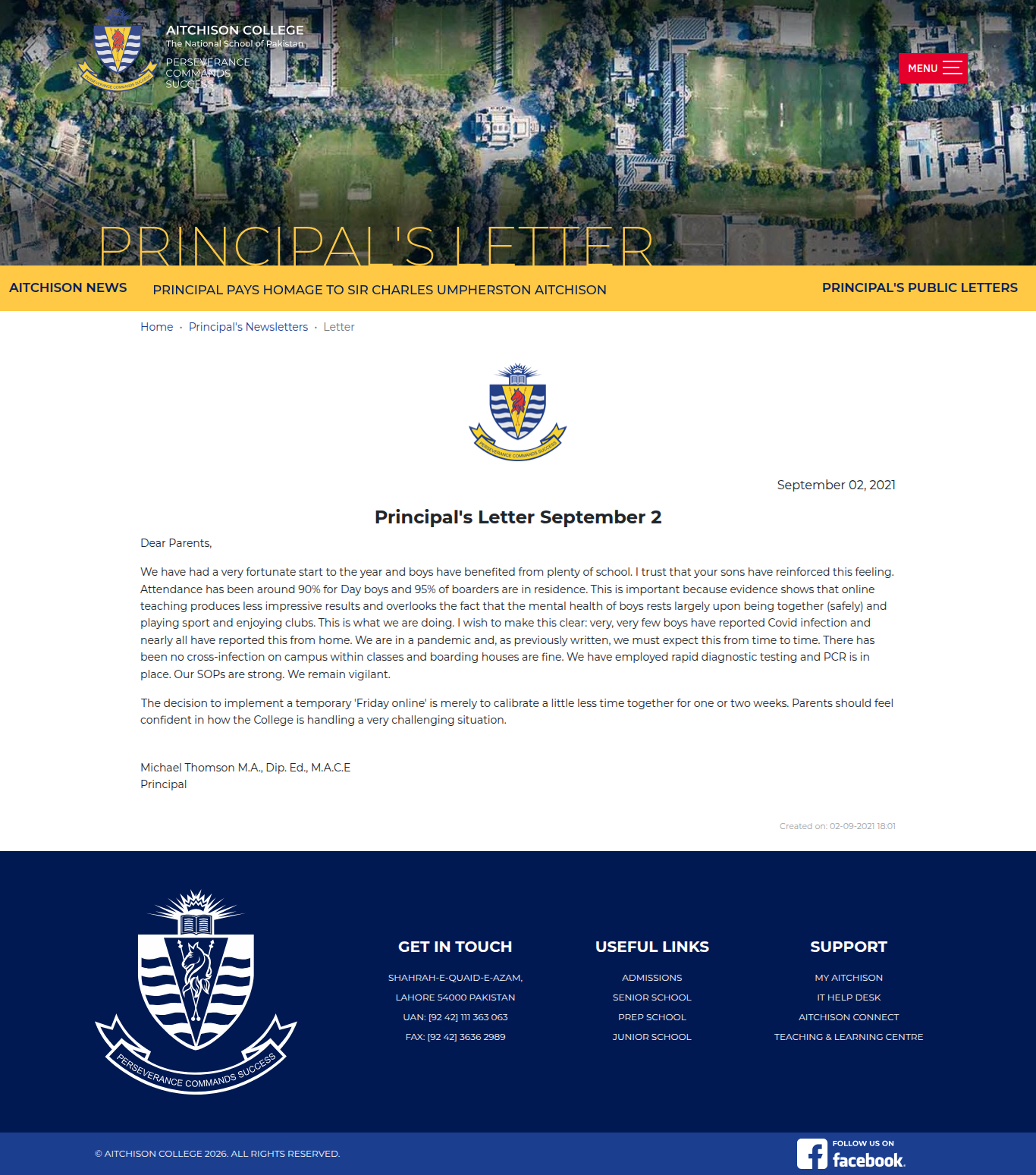Snapshot of Principal's Letter September 2