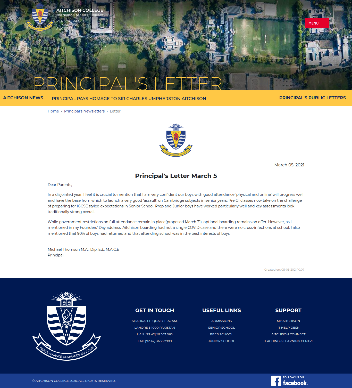 Snapshot of Principal's Letter March 5