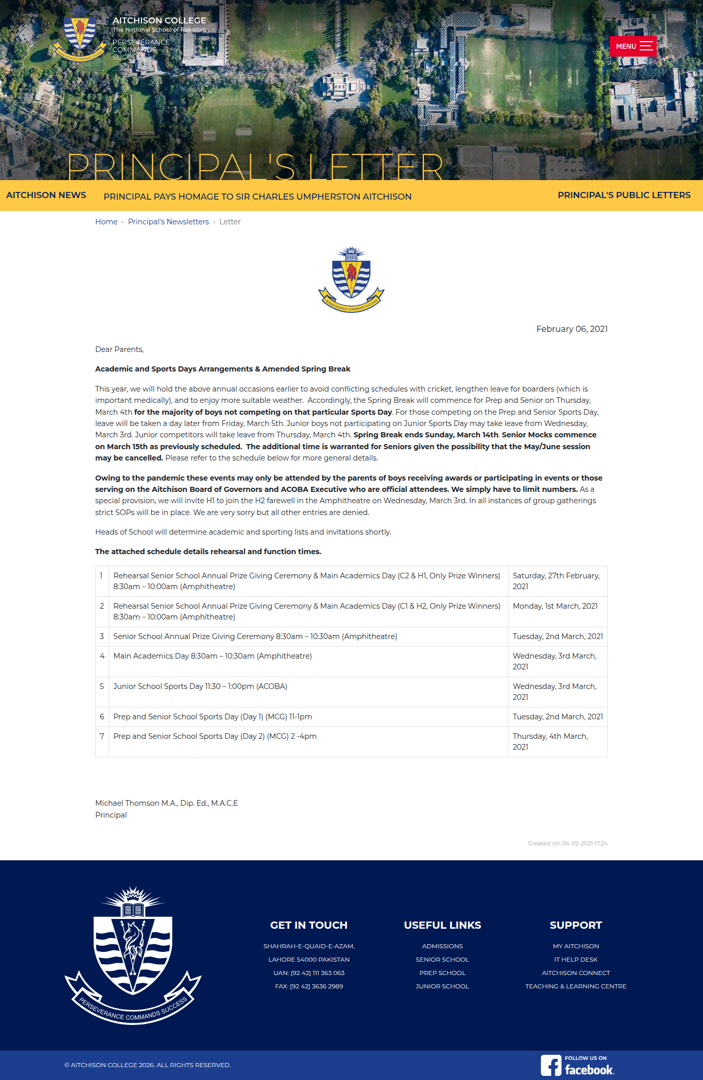 Snapshot of Academic and Sports Days Arrangements & Amended Spring Break