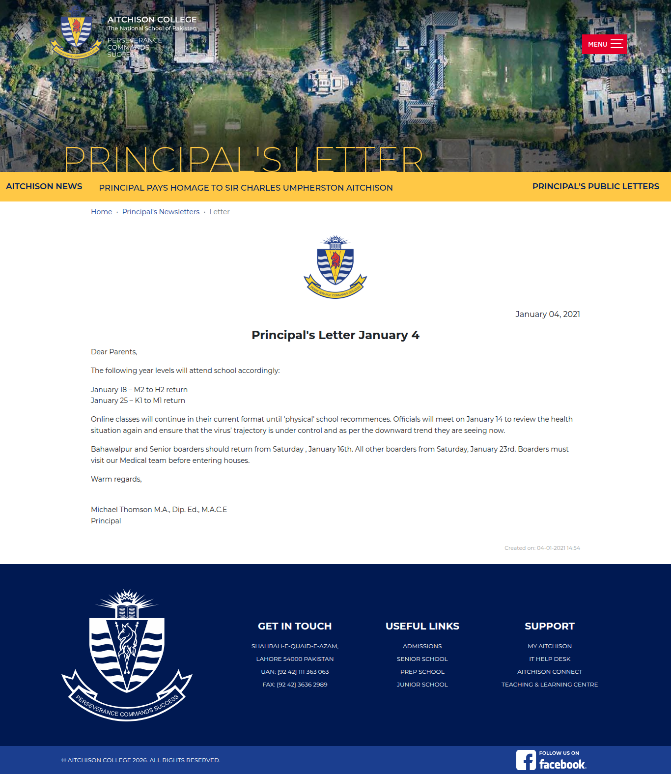 Snapshot of Principal's Letter January 4