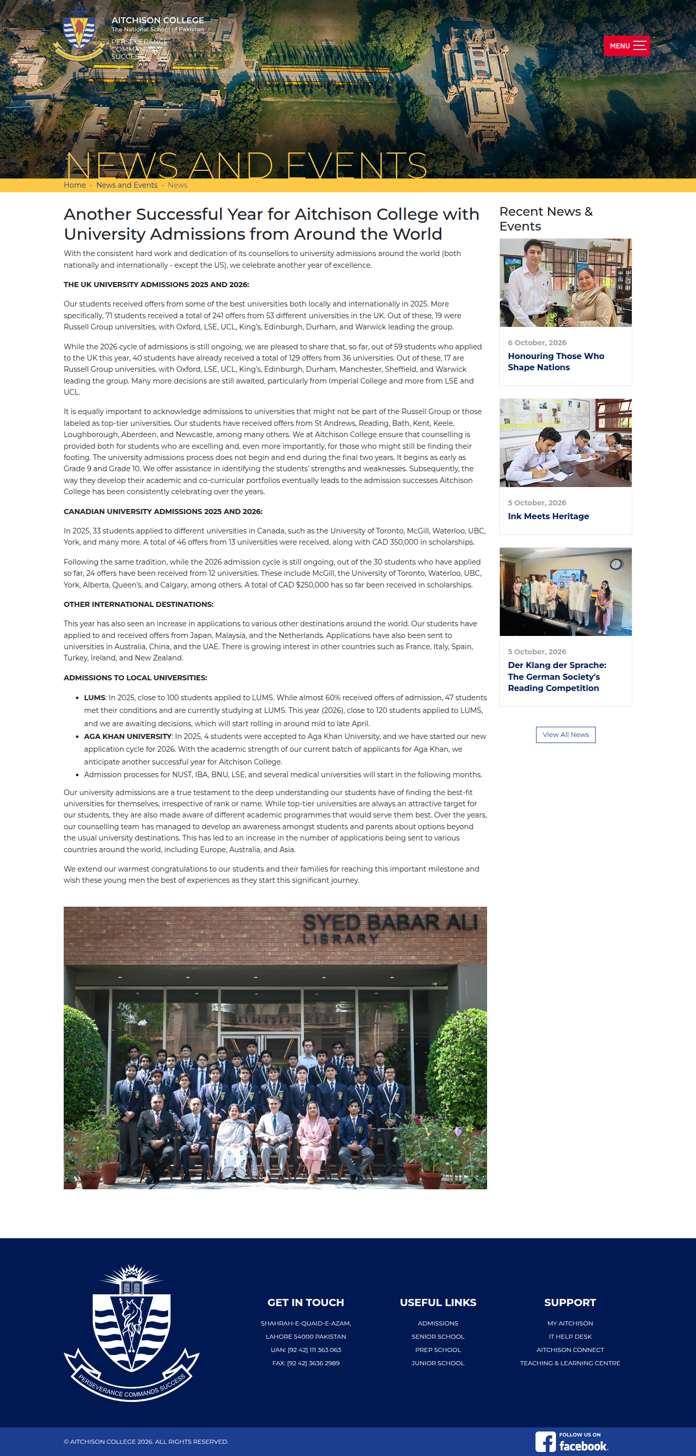 Snapshot of Another Successful Year for Aitchison College with University Admissions from Around the World