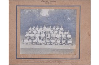 1947-48 - Jubilee House 1947-48. 1st Row: Nasim Akhtar, Pervez Khan, Asad Pervez, Gh. Farid, Sohail Iftikhar, Mahboob Sarwar, Ghazanfar Hussain, Ahmad Faud, Ayaz-ud-Din, Farouq Saigal. Chairs: Pervez Mahboob, Iftikhar Bokhari, Khalid Mahmud (House Prefect), Shahzad Mahbub (School Prefect), M.A. Rahman, M.A. (House Master), Zulfiqar Bokhari (House Prefect), Saleem Muzaffar (House Prefect), Asghar Moiz, Gh. Qutab-ud-Din. Third Row: Asghar Ali Hassan, Mazhar Ali, Arif Iftikhar, Shahzad Hussain, Asghar Ali Hassan, Pervez Husean, Aitzaz, Zulqarnain, Riaz Mahmood, Tufail Ahmad, Ajmal Qazi, Nadir Rahim. Fourth Row: Azhar Hussain, Javid Zaman, Azim-ud-Din, Azaz, Yusuf Jamal, Abdul Qayyum, Khurram Muzaffar, Ahmad Javid, Hasham Jamal.