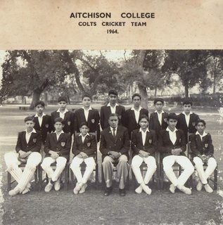 1964 - Aitchison College Colts Cricket Team 1964. Sitting (L to R): Muhammad Tahir Khan, Imran Ahmad, Muhammad Zaheer (Captain), S. Naseer Ahmad (President), Waqar Ata, Tariq Zaman, Fayaz Qadri. Standing: Imran Niazi, Kamran Khan, Sarwar Raza, Ehsan Kibraya, Sardar Mahmood Sadiq, Abdullah Kakakhel, Shahid Saleem. Photo by M. Bhatti.