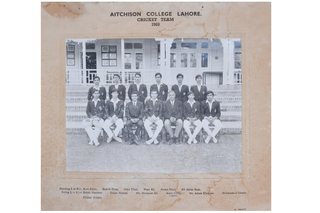 1969 - Aitchison College Cricket Team 1969. Standing (L to R): Ayaz Khan, Shahid Doha, Shakir Ullah, Nisar Ali, Aamir Niazi, Ali Akbar Shah. Sitting (L to R): Sohail Manzoor, Imran Ahmad, Mr. Monawar Ali, Amin Ullah (Captain), Mr. Aslam Khokhar, Mohammad Zaheer, Iftikhar Husain.