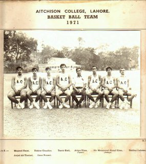1971 - Aitchison College Basketball Team 1971. (L to R): Maqsood Hayat, Iftekhar Chaudhry, Tanvir Elahi, Atique Khan (Captain), Mr. Mohammad Ahmed Khan (Incharge), Habibur Rahman, Amjad Ali Thariani, Aman Nomani.