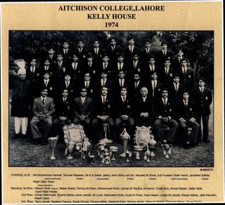 1974 - Kelly House in 1974. Chairs (L to R): Mr. Muhammad Haneef (Assistant Housemaster), Tanveer Naseem (Prefect), Mr. A. A. Sadar Jafary (Housemaster), Asim Mohy-ud-Din (Prefect), Nausad Ali Khan (Prefect), Zulf Hussain Shah Haidri (Assistant Housemaster), Jamshed Safdar (Prefect), Wajih Ullah Khan (House Secretary). Standing First Row: Rasool Shah (Bearer), Babar Badar, Farooq Ali Khan, Muhammad Khan, Azmat Ali Ranjha, Ali Aamir, Oman Aziz, Murad Mazari, Zafar Iqbal, Syed Wasi Haider. Second Row: Adnan Mahmood, Shahid Abbas, Asrar Jamali, Ali Juzer, Sarbuland Khan, Auqil Ali Khan, Hadi Hasan, Liaqat Ali Jamali, Waqar Abbas, Jalal Alauddin, Najam Iqbal. Third Row: Tariq Jamali, Nadeem Farooq, Saqib Ahmad, Farooq Akbar, Sabahat Elahi, Mohsin Aladin, Masood Mehdi, Sikandar Magsi, Yawar Badat