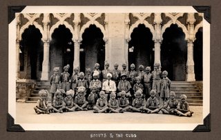 1935 - Scouts and the Cubs with Headmaster L Dhani Ram. Principal Barry wrote in the 1935 Annual Report: [s]couting and Cubbing has flourished during the year. A number of week-end trips have been held, and the College has joined with other troops in the work of social service on the occasion of local Melas and festivals. We already have one King's Scout and a considerable number of first-class Scouts. At the close of the year L. Shanti Lal Saihgal undertook training as a Cub Master and will now be associated with Pandit Ram Rakha Mal in the running of the Cub Pack.
