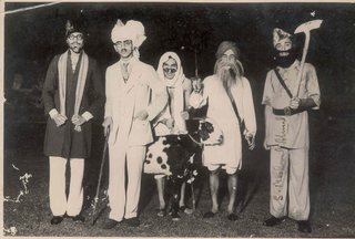 1941 - Sherjang Singh, Riffat Hayat, M Jahangir, Harcharan Singh, and Maqbool Ahmad in Fancy Dress during the Annual Swimming Gala in 1941.