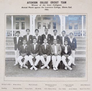 1963 - Aitchison College Cricket Team (Winner of the Inter-Collegiate Annual Match against the Lawrence College, Ghora Gali, 1963). Sitting (L to R): Aitzaz Ahsan, Majid Jahangir, Mohammad Ashraf (Captain), S. Naseer Ahmad (President), Akbar Mahmood. Standing: Humayun Elahi, Farooq Saleh, Ata Malik, Mehr Akhtar Abbas, Israr Malik, Javed Ahmad, Saeed Ullah Niazi.