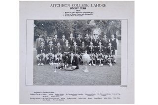 1974 - Aitchison College Hockey Team 1974. Winners of the Jaffar Memorial Tournament in 1973, winners of the Annual Fixture with Ghoragali (5-1), and completed a successful tour of Sri Lanka. On ground: Qammar-uz-Zaman, Chairs (L to R): Habib, Farooq, Naveed Haider (Captain 1974-75), Dr Ghulam Rasool Chaudhry (Principal), Mohammad Zahir (Captain 1974), Mr. Mohammad Ismail (President), Imran-ul-Haq, Moqbool, Hassan Sardar. Standing First Row: Mr. Hanif (Games Incharge), Arshad, Zulfiqar Haider, Hafeez Ullah, Kiyani, Liaqat Jamali, Sohail Aslam, Nasir Khan, Asim Nawaz, Mr. Amin (Coach)